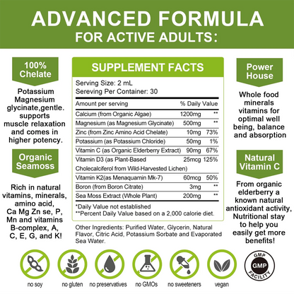 Calcium Magnesium Zinc Liquid with Vitamin D3, Magnesium Glycinate Drops Plus Vitamin C K2, High Absorption Plant Calcium Supplement for Heart & Bone, 30 Servings, Lemon Flavor