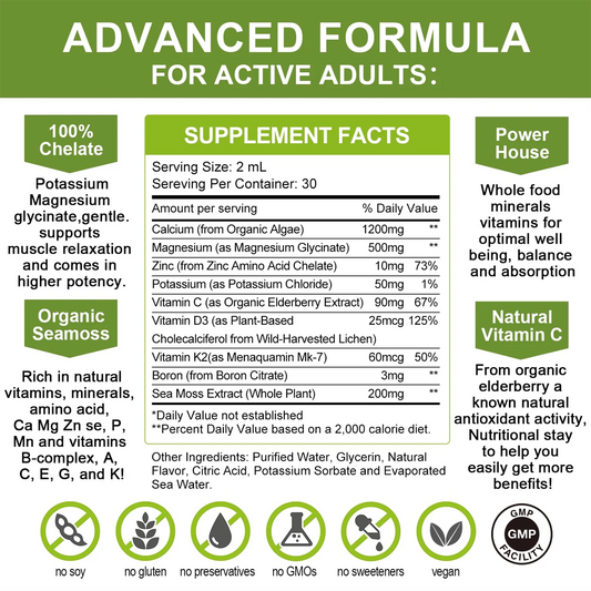 Calcium Magnesium Zinc Liquid with Vitamin D3, Magnesium Glycinate Drops Plus Vitamin C K2, High Absorption Plant Calcium Supplement for Heart & Bone, 30 Servings, Lemon Flavor