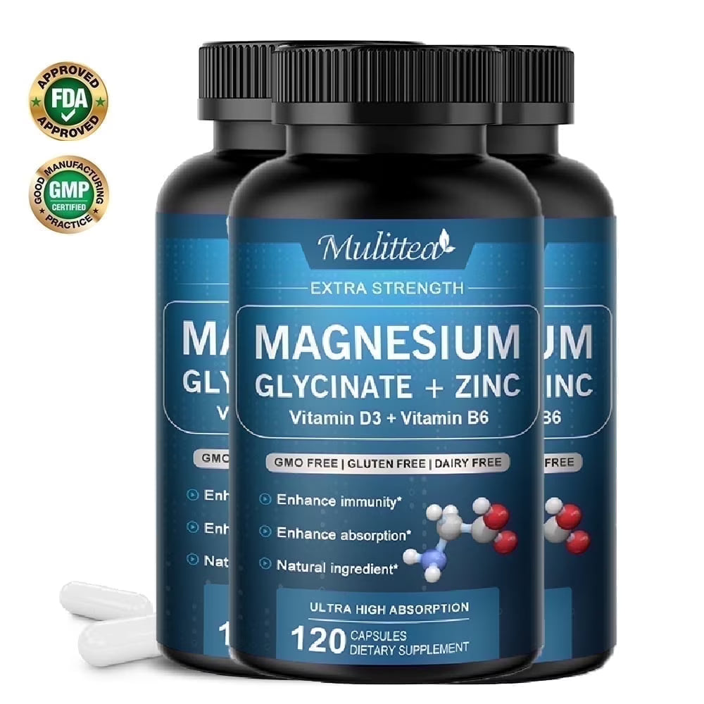 (3 Pack)Magnesium Glycinate Powder Capsules 500 mg - Heart, Muscle & Bone Health Support -120 Capsules