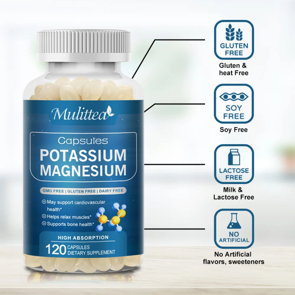 Potassium Magnesium Supplement,Support Bone, Heart & Nerve Health, Non-GMO, Vegan, 120 Capsules
