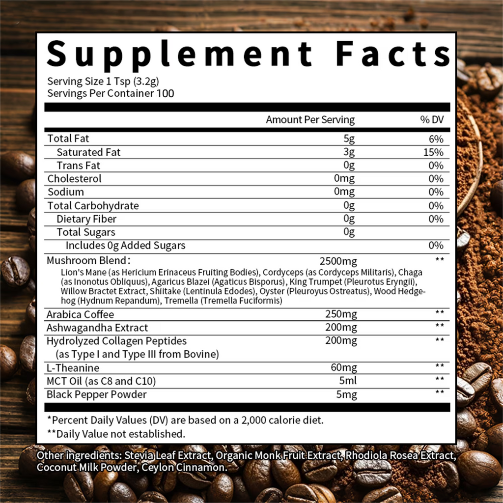 Mulittea Mushroom Coffee with Ashwagandha & Collagen – Lion's Mane, Cordyceps & Chaga Blend for Energy & Immune Support, Focus & Mental Clarity - Sugar-Free Instant Coffee Powder -100 Servings