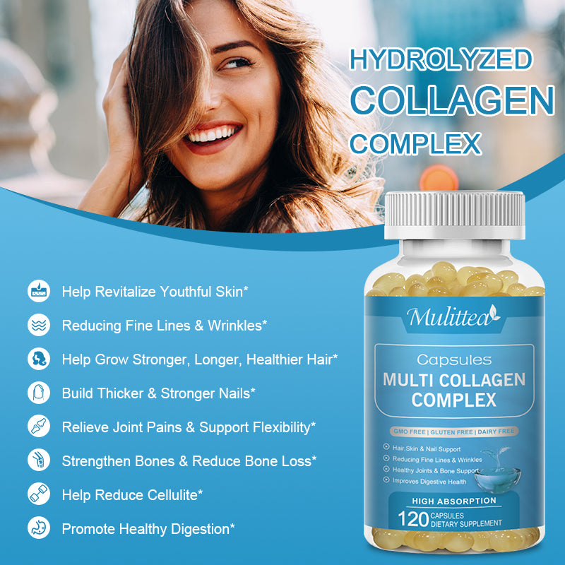 Mulittea Multi-Collagen Complex Capsules for Women and Men Hydrolyzed Collagen(Type I, II, III, V, X) for Bone and Joint Support Hair Skin and Nails Health