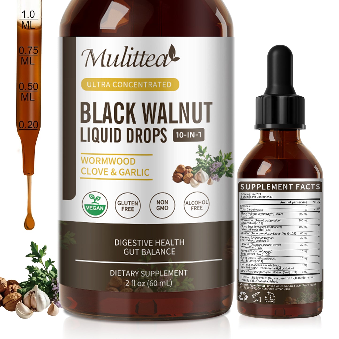 Mulittea Black Walnut Wormwood Tincture with Oregano Garlic & Berberine for Rapid Gut Cleanse & Digestive Health (98% Absorption)