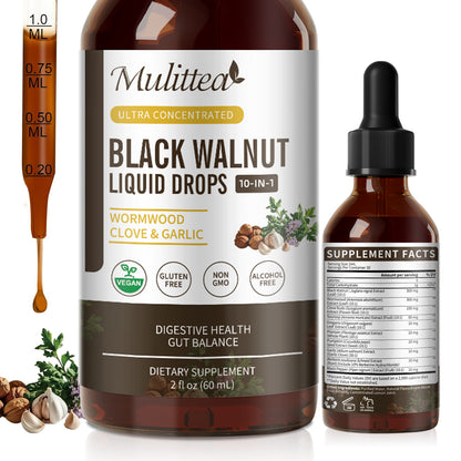 Mulittea Black Walnut Wormwood Tincture with Oregano Garlic & Berberine for Rapid Gut Cleanse & Digestive Health (98% Absorption)