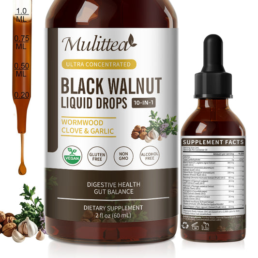 Mulittea Black Walnut Wormwood Tincture with Oregano Garlic & Berberine for Rapid Gut Cleanse & Digestive Health (98% Absorption)