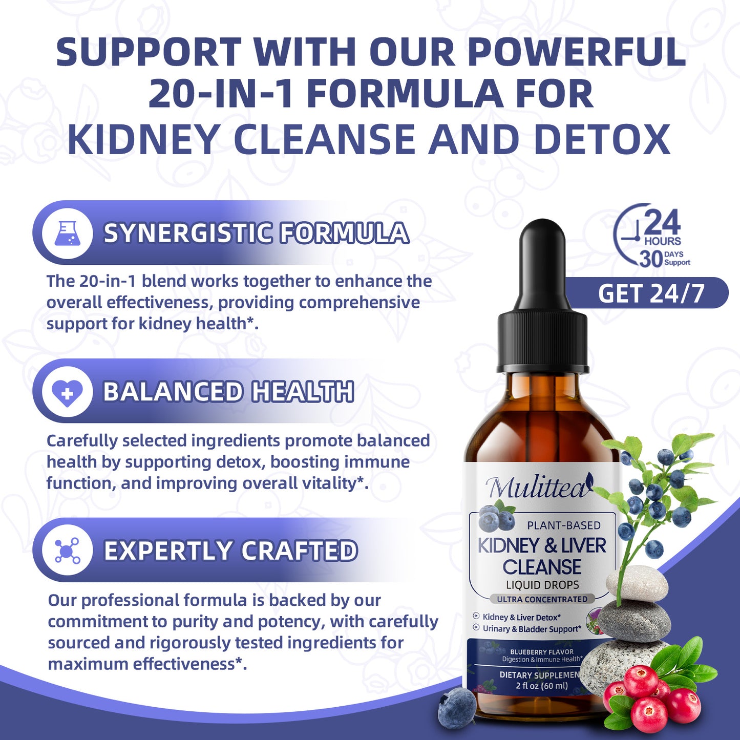 Mulittea 27-in-1 Kidney & Liver Cleanse - 20:1 Cranberry Liquid Drops