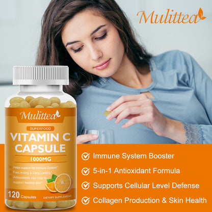 Mulittea Vitamin C 1000mg – Timed-Release Capsules with Rose Hips & Acerola – Immune Support, Collagen & Antioxidant Boost – 120 Vegan Capsules