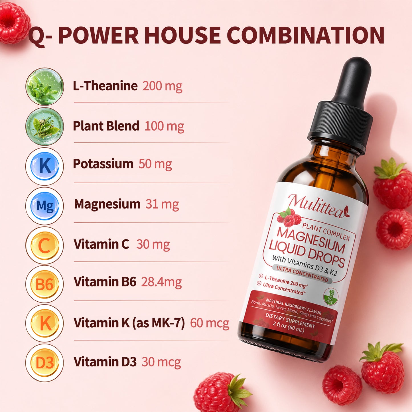 Magnesium Glycinate Liquid Drop - with Citrate, Malate and Taurate, L-Theanine, D3, K2,B6 - for Sleep, Bone,Muscles, Energy, Sugar-Free Raspberry Flavor - 4 Fl Oz