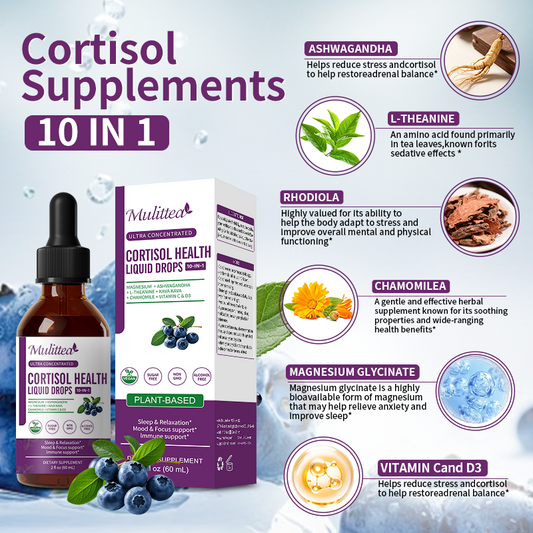 Cortisol Supplements for Women Men, Cortisol Reducer Detox Manager w/ Magnesium, Ashwagandha, L-theanine, Hormone Balance Liquid Drops Mood, Focus, Sleep Support - 2 Fl.oz, Blueberry Flavor