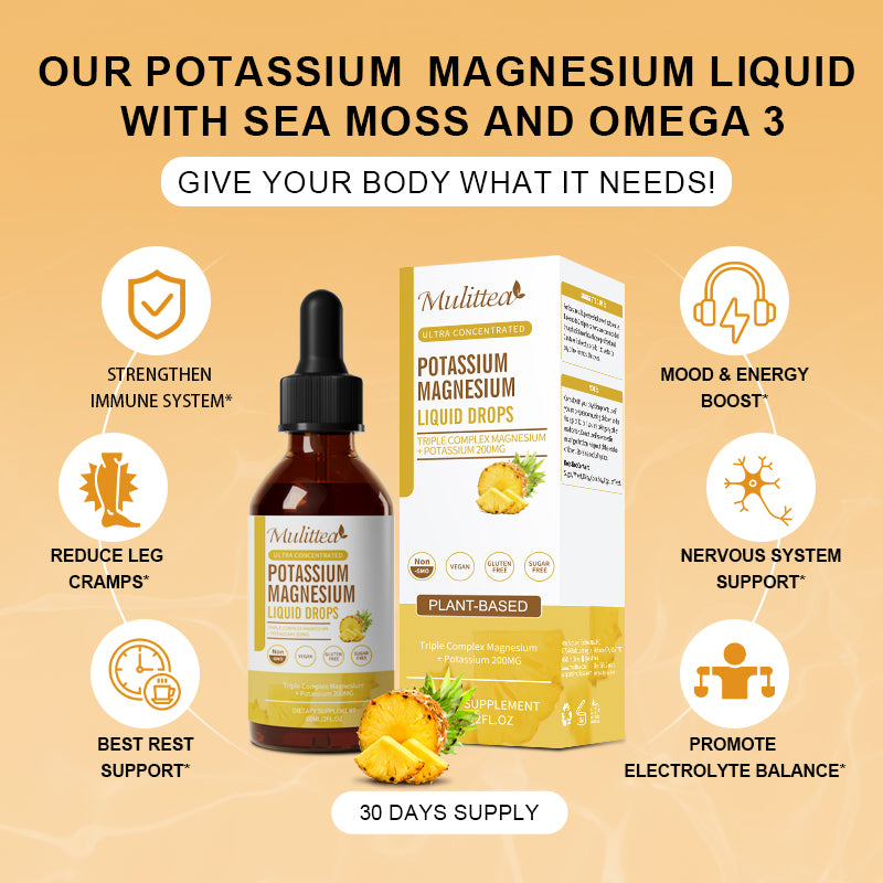 Mulittea® Pineapple Flavored Potassium Magnesium Liquid Drops - Ultra Concentrated for Sleep, Muscle Cramps & Heart Health - 95% High Absorption (2oz)