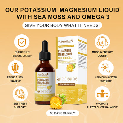 Mulittea® Pineapple Flavored Potassium Magnesium Liquid Drops - Ultra Concentrated for Sleep, Muscle Cramps & Heart Health - 95% High Absorption (2oz)