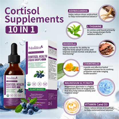 Cortisol Supplements for Women Men, Cortisol Reducer Detox Manager w/ Magnesium, Ashwagandha, L-theanine, Hormone Balance Liquid Drops Mood, Focus, Sleep Support - 2 Fl.oz, Blueberry Flavor