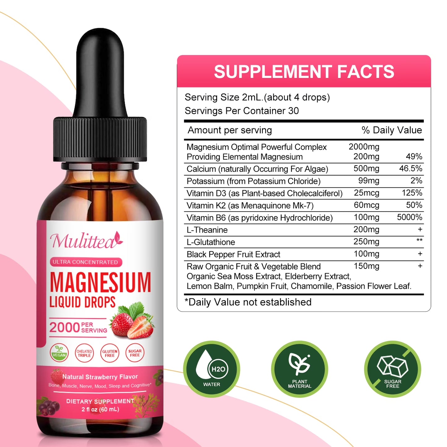 1000mg Magnesium Glycinate Liquid Drop with High Potency Magnesium 500 Glycinate & 500mg Citrate, Sugar Free, Strawberry Flavor，Pack of 2