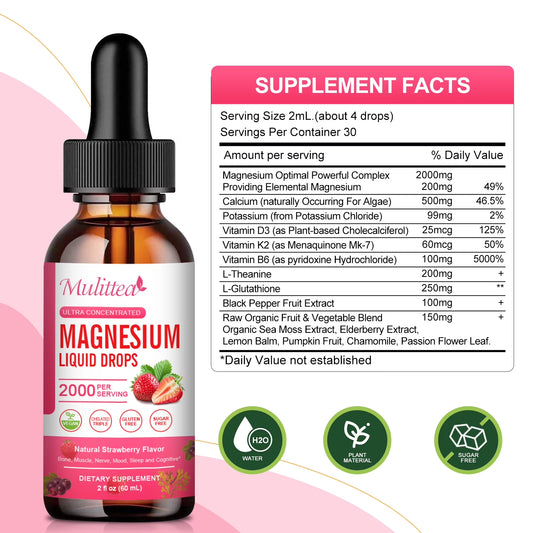 1000mg Magnesium Glycinate Liquid Drop with High Potency Magnesium 500 Glycinate & 500mg Citrate, Sugar Free, Strawberry Flavor，Pack of 2