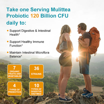 Mulittea Probiotic Capsules – 120 Billion CFU with Prebiotics & Digestive Enzymes – Gut Health & Immune Support, Constipation & Bloating Relief – 120 Capsules