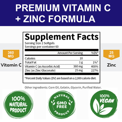 Vitamin C with Zinc – 1000mg Vitamin C + 20mg Zinc for Immune Support, Antioxidant & Energy – Vegan Capsules