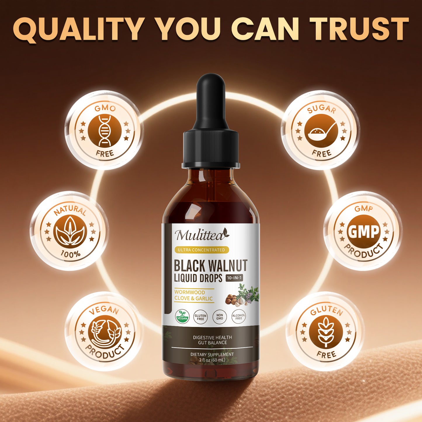 Mulittea Black Walnut Wormwood Tincture with Oregano Garlic & Berberine for Rapid Gut Cleanse & Digestive Health (98% Absorption)