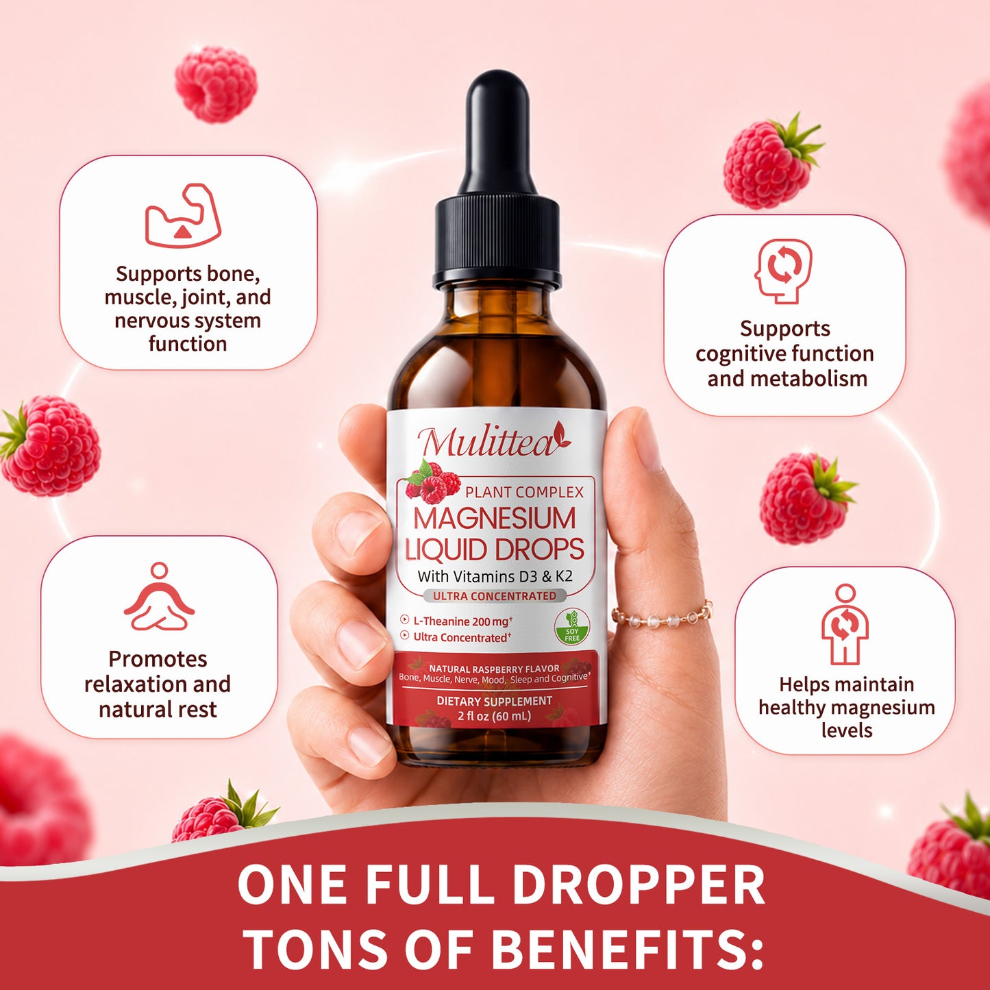 Magnesium Glycinate Liquid Drop - with Citrate, Malate and Taurate, L-Theanine, D3, K2,B6 - for Sleep, Bone,Muscles, Energy, Sugar-Free Raspberry Flavor - 4 Fl Oz
