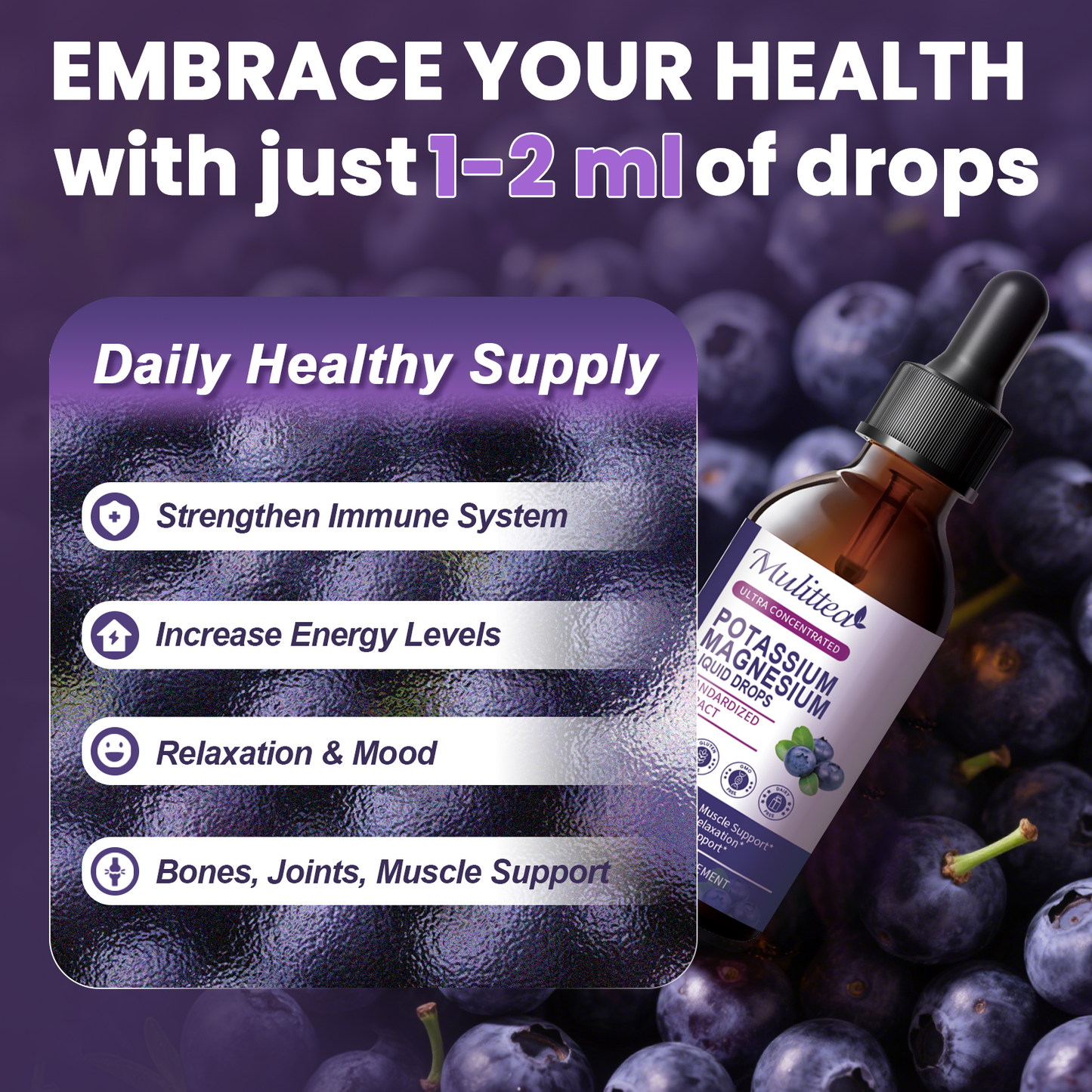 Mulittea® Potassium Magnesium Liquid Drops - Ultra Concentrated for Sleep, Muscle Cramps & Heart Health - 95% High Absorption, Vegan, Blueberry Flavor (2oz)