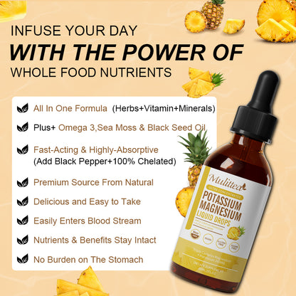 Mulittea® Pineapple Flavored Potassium Magnesium Liquid Drops - Ultra Concentrated for Sleep, Muscle Cramps & Heart Health - 95% High Absorption (2oz)
