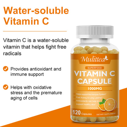 Mulittea Vitamin C 1000mg – Timed-Release Capsules with Rose Hips & Acerola – Immune Support, Collagen & Antioxidant Boost – 120 Vegan Capsules