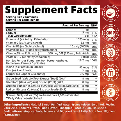 Multivitamin Gummies for Women w/ Iron, Iodine, Zinc, Folate, Daily Multivitamin Gummy w/ Vitamin A, C, B, D3, for Hair, Skin, Nails, Energy, Immune Health, Sugar Free-Pineapple Flavor, 60 Count