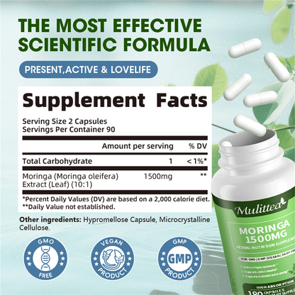 Moringa Oleifera 180 Capsules - 1500mg Pure Moringa Powder Organic - Non GMO, Gluten Free - Superfood Antioxidant Supplement - Energy, Metabolism and Immune Support, 3 Month Supply