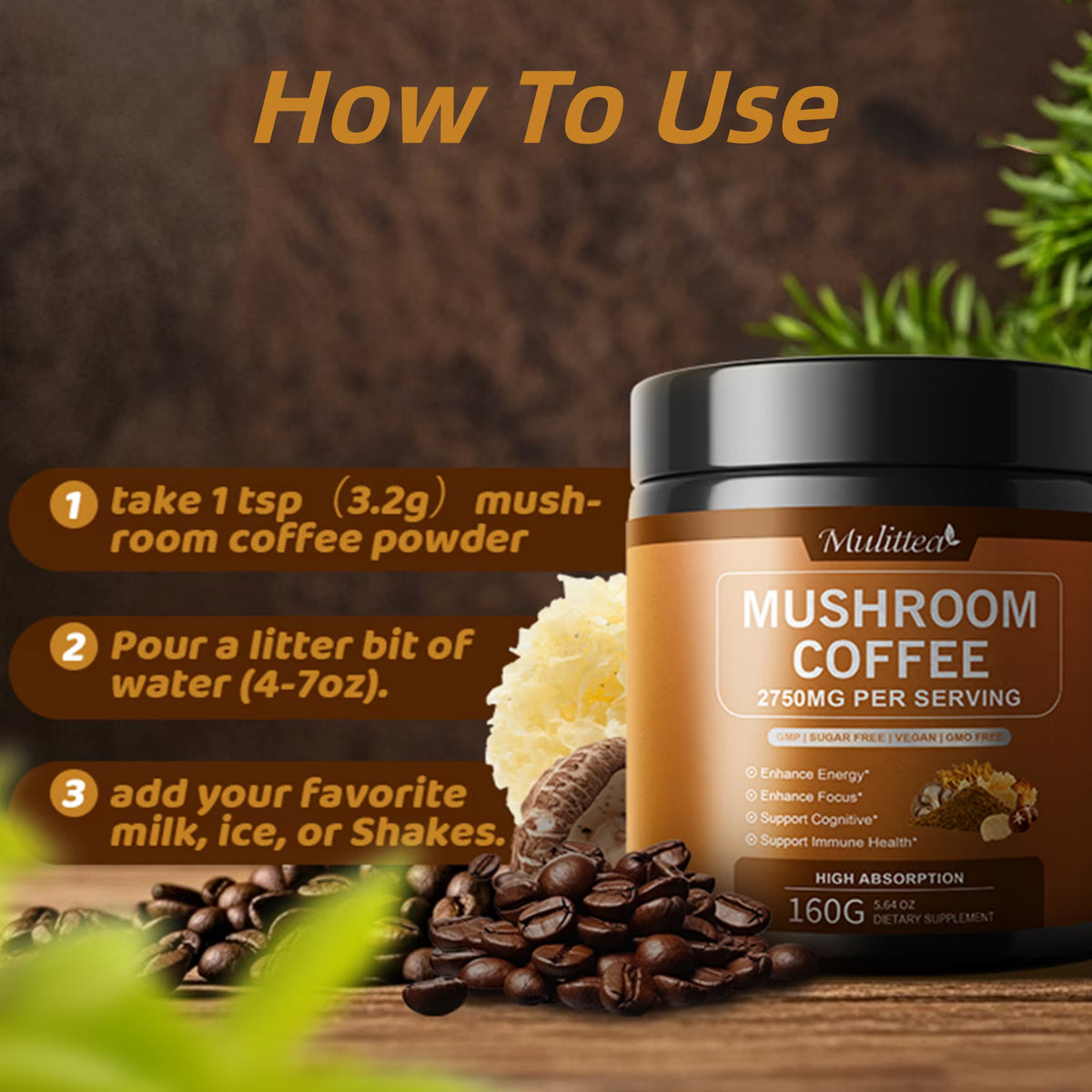 Mulittea Mushroom Coffee with Ashwagandha & Collagen – Lion's Mane, Cordyceps & Chaga Blend for Energy & Immune Support, Focus & Mental Clarity - Sugar-Free Instant Coffee Powder -100 Servings