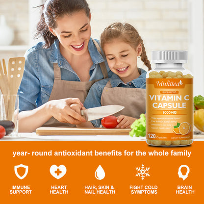 Mulittea Vitamin C 1000mg – Timed-Release Capsules with Rose Hips & Acerola – Immune Support, Collagen & Antioxidant Boost – 120 Vegan Capsules