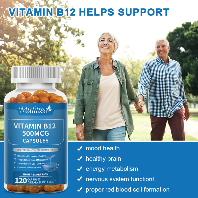 Mulittea Vitamin B12 500mcg (as Cyanocobalamin) Supports Energy Production Promote Good Mood & Aid Immune System