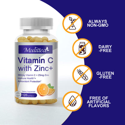 Vitamin C with Zinc – 1000mg Vitamin C + 20mg Zinc for Immune Support, Antioxidant & Energy – Vegan Capsules