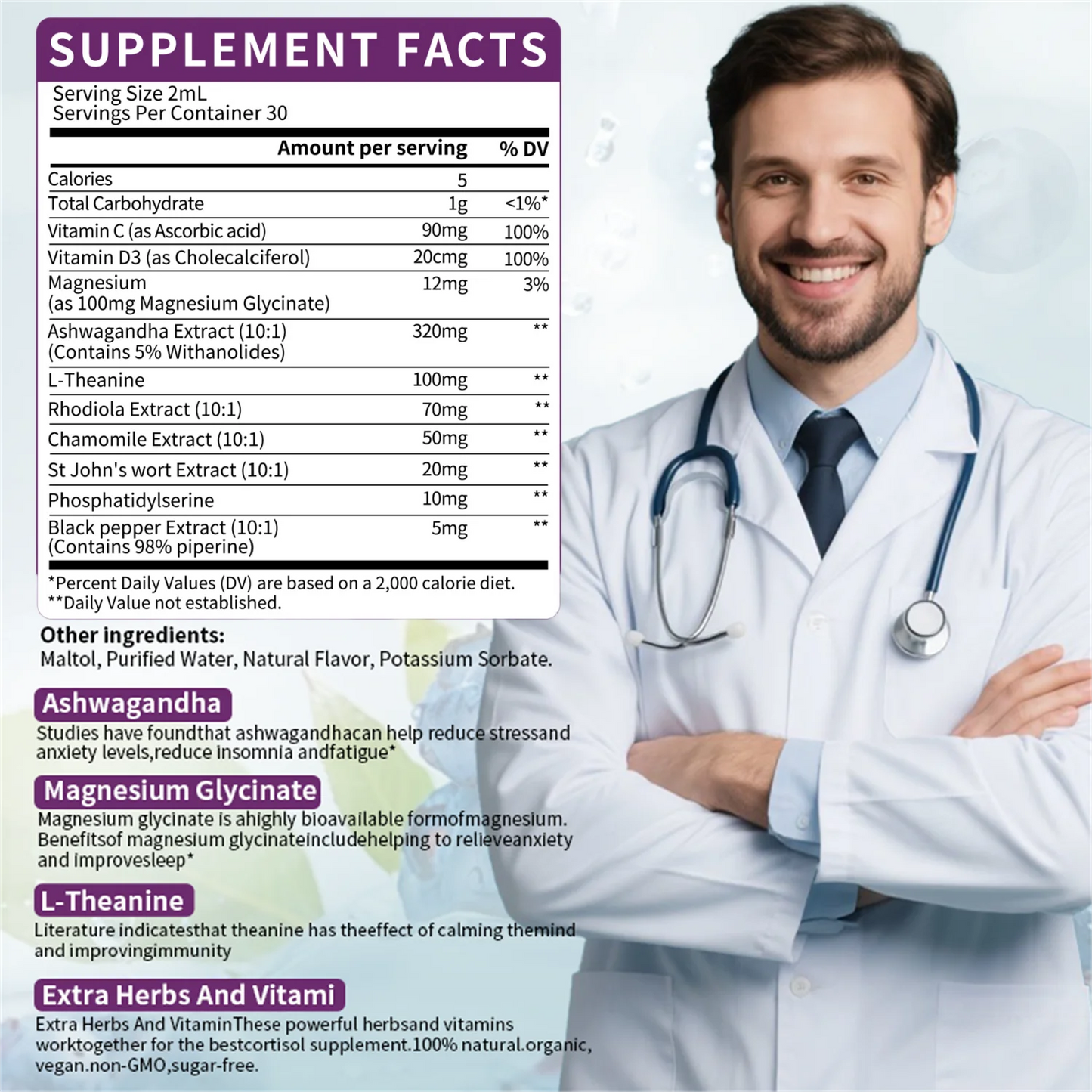 Cortisol Supplements for Women Men, Cortisol Reducer Detox Manager w/ Magnesium, Ashwagandha, L-theanine, Hormone Balance Liquid Drops Mood, Focus, Sleep Support - 4 Fl.oz, Blueberry Flavor