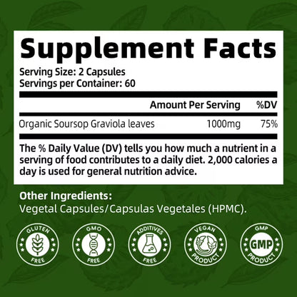 Soursop Graviola Capsules,Immune Boost, Relax, Liver and Sleep - 120 Caspules Herbal Supplement