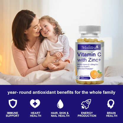 Vitamin C with Zinc – 1000mg Vitamin C + 20mg Zinc for Immune Support, Antioxidant & Energy – Vegan Capsules
