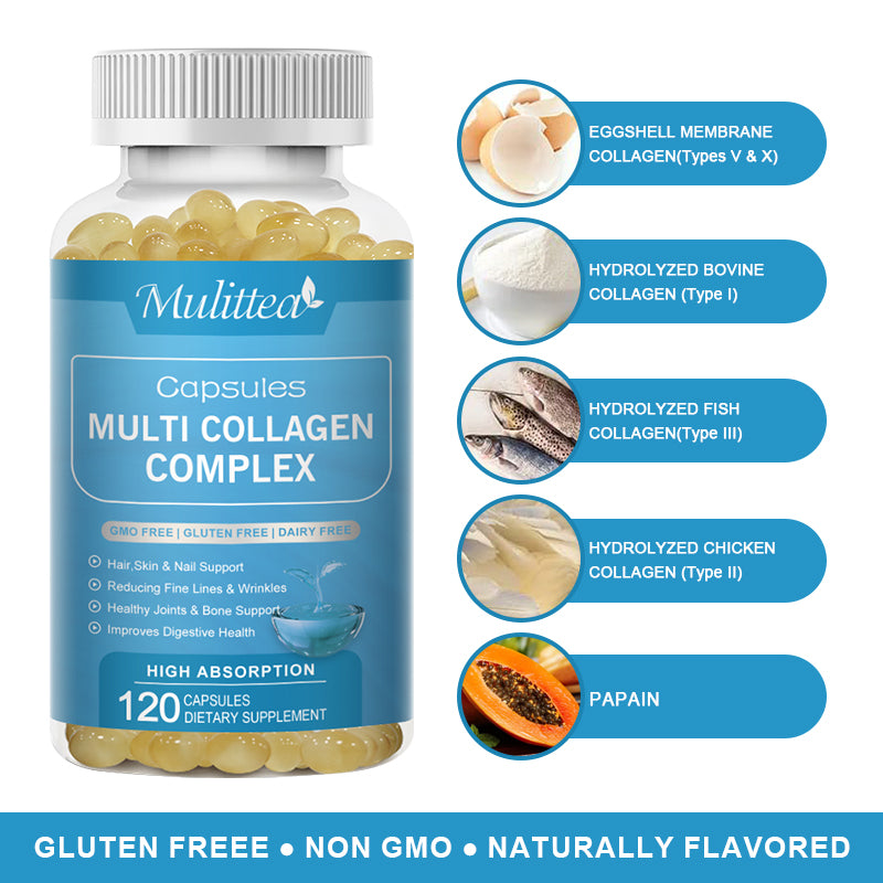 Mulittea Multi-Collagen Complex Capsules for Women and Men Hydrolyzed Collagen(Type I, II, III, V, X) for Bone and Joint Support Hair Skin and Nails Health