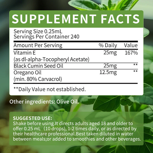 Oregano Oil Drops – 80% Carvacrol, Black Seed & Vitamin E | Immune, Digestive & Antioxidant Support | 2 fl oz Vegan Liquid Supplement