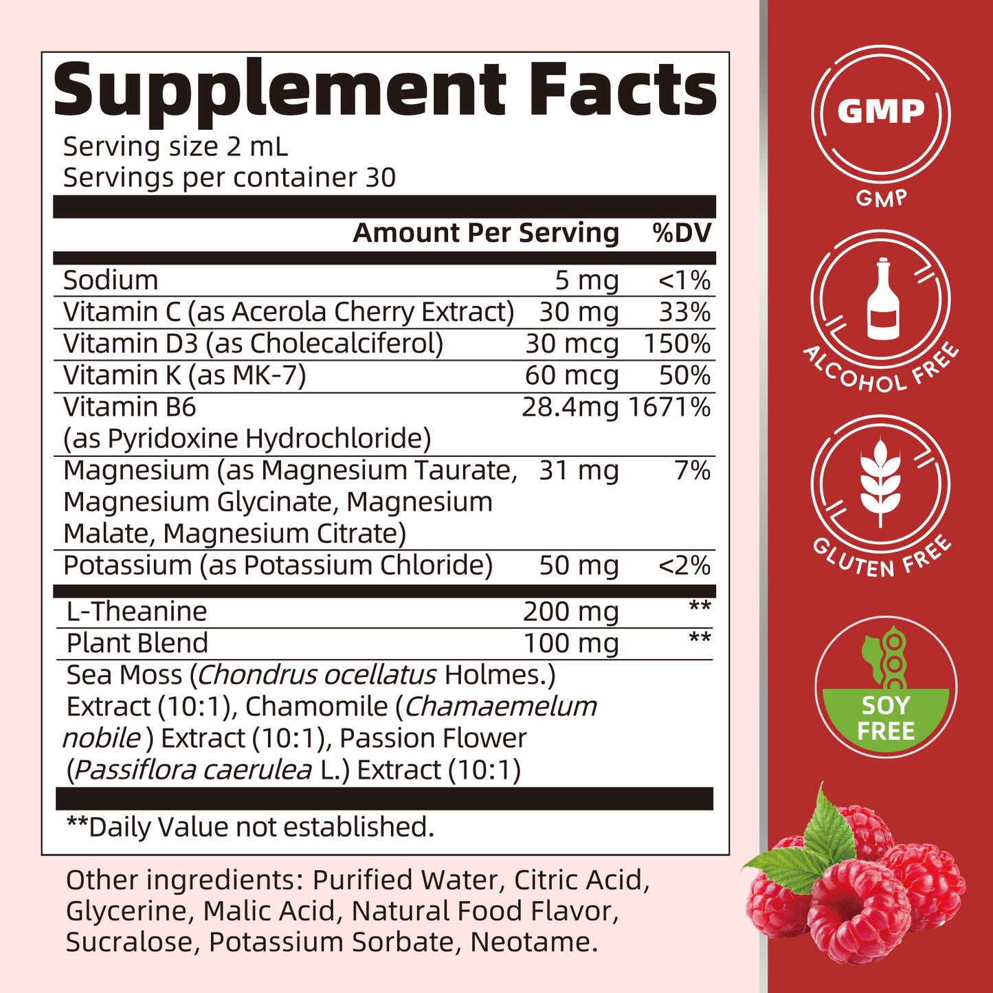 Magnesium Glycinate Liquid Drop - with Citrate, Malate and Taurate, L-Theanine, D3, K2,B6 - for Sleep, Bone,Muscles, Energy, Sugar-Free Raspberry Flavor - 4 Fl Oz