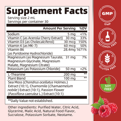 Magnesium Glycinate Liquid Drop - with Citrate, Malate and Taurate, L-Theanine, D3, K2,B6 - for Sleep, Bone,Muscles, Energy, Sugar-Free Raspberry Flavor - 4 Fl Oz