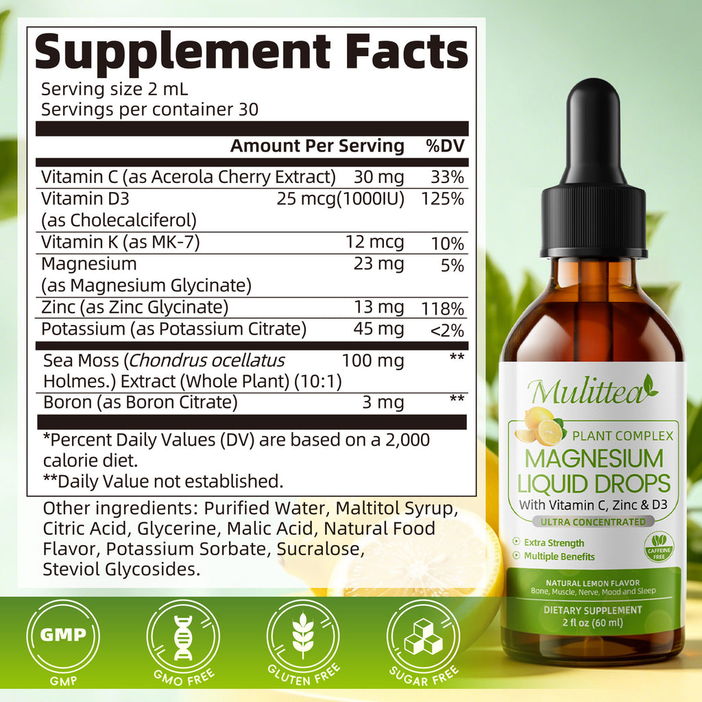 Liquid Calcium Magnesium Zinc Drops with D3 K2, Lemon Flavor | 2 x 2 fl oz (120ml)
