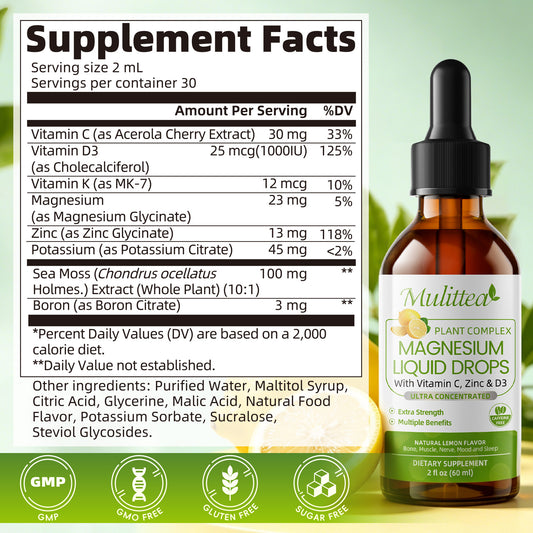 Mulittea Cal Mag Zinc Liquid Drops (2-Pack, 120ml) | D3 K2, Glycinate, High Absorption |  Bone Support | Lemon