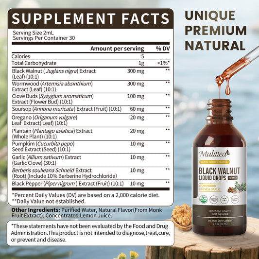 Mulittea Black Walnut Wormwood Tincture with Oregano Garlic & Berberine for Rapid Gut Cleanse & Digestive Health (98% Absorption)