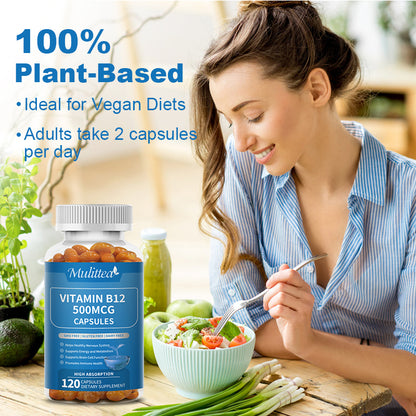 Mulittea Vitamin B12 500mcg (as Cyanocobalamin) Supports Energy Production Promote Good Mood & Aid Immune System