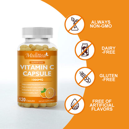 Mulittea Vitamin C 1000mg – Timed-Release Capsules with Rose Hips & Acerola – Immune Support, Collagen & Antioxidant Boost – 120 Vegan Capsules
