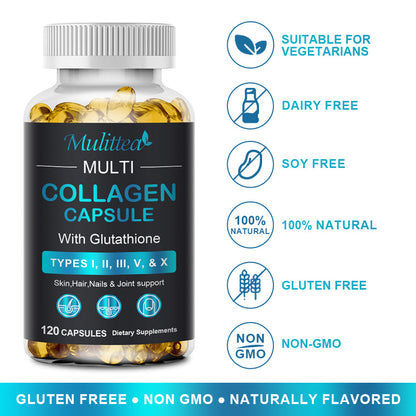 Mulittea Collagen Capsules with Vitamin C – Antioxidant Support for Healthy Skin, Hair & Nails – 60 Capsules – Non-GMO, Gluten-Free