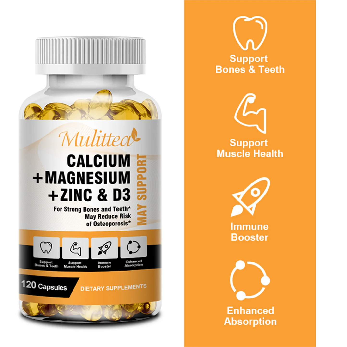 Mulittea Calcium Magnesium Zinc with Vitamin D3 Supplement, Strong Bones, Teeth & Heart, Easy to Swallow, 120 Capsules