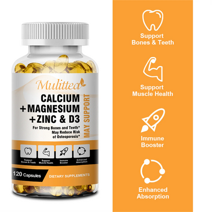 Mulittea Calcium Magnesium Zinc with Vitamin D3 Supplement, Strong Bones, Teeth & Heart, Easy to Swallow, 120 Capsules