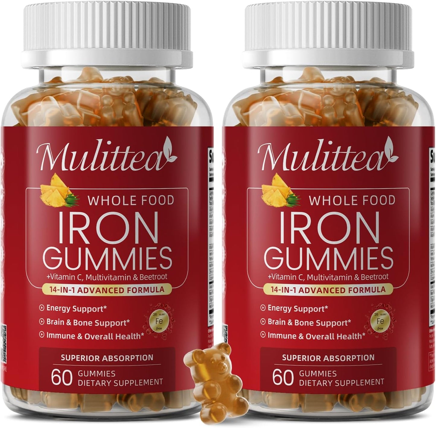 Mulittea Iron Gummies for Women & Men – Gentle 4-Source Iron Supplement with Vitamin C, B12, Folate & Copper – Energy & Daily Wellness Support – Vegan Pineapple Flavor