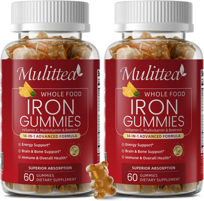 Mulittea Iron Gummies for Women & Men – Gentle 4-Source Iron Supplement with Vitamin C, B12, Folate & Copper – Energy & Daily Wellness Support – Vegan Pineapple Flavor