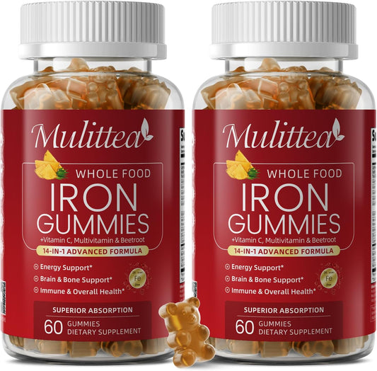 Mulittea Iron Gummies for Women & Men – Gentle 4-Source Iron Supplement with Vitamin C, B12, Folate & Copper – Energy & Daily Wellness Support – Vegan Pineapple Flavor