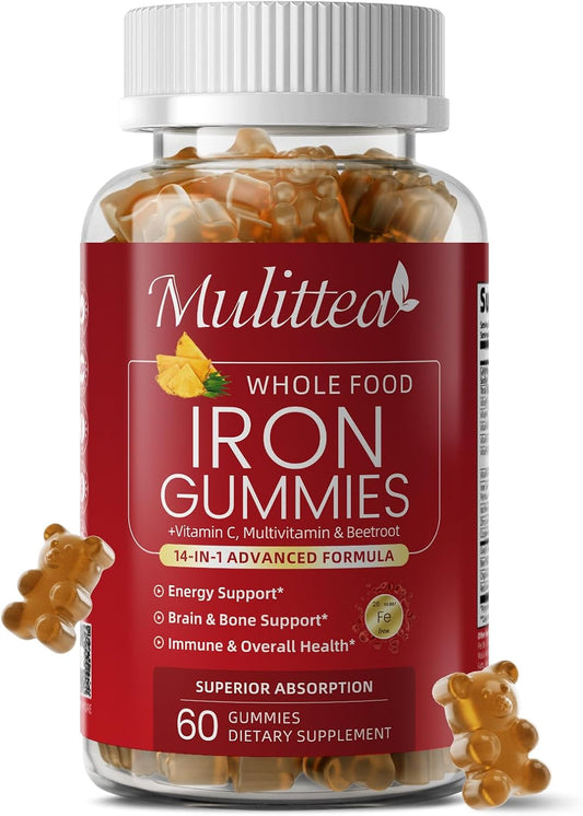 Mulittea Iron Gummies for Women & Men – Gentle 4-Source Iron Supplement with Vitamin C, B12, Folate & Copper – Energy & Daily Wellness Support – Vegan Pineapple Flavor, 60 Gummies